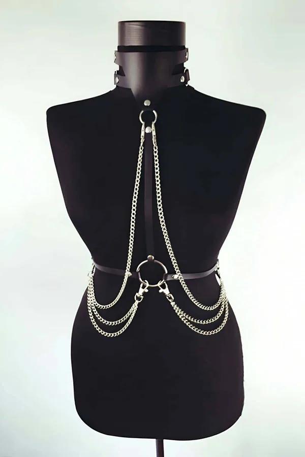 siyah suni deri choker zincirli göğüs harness gümüş O-ring dört sıra metal zincir bel bandı