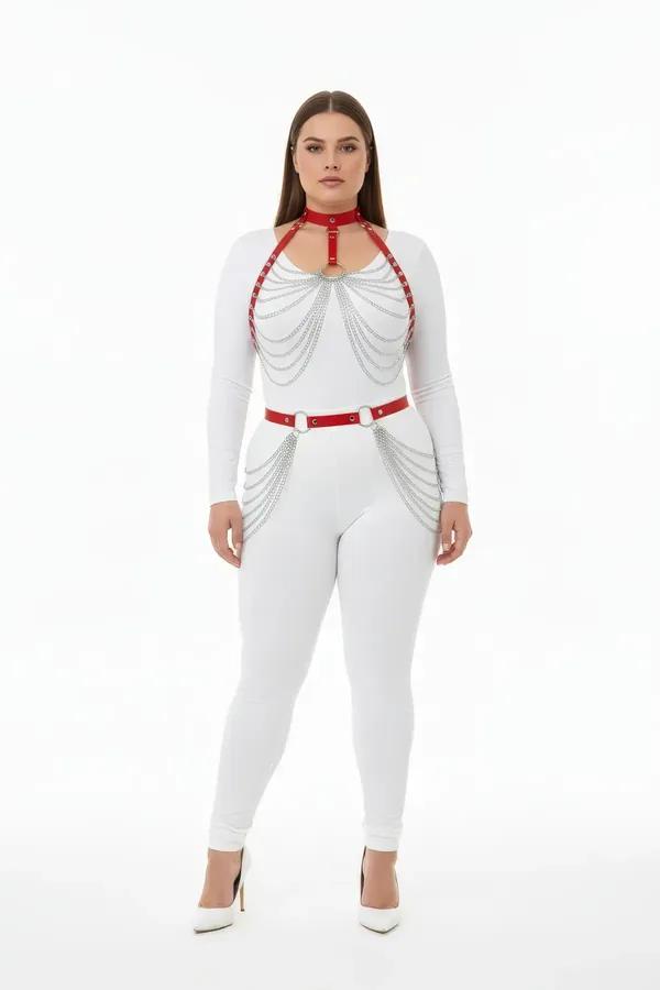 red faux leather body harness with cascading silver-tone draped chains across chest and waist, front view on plus-size model