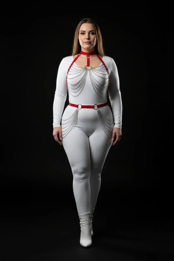 red faux leather body harness with cascading silver-tone draped chains across chest and waist, front view on plus-size model