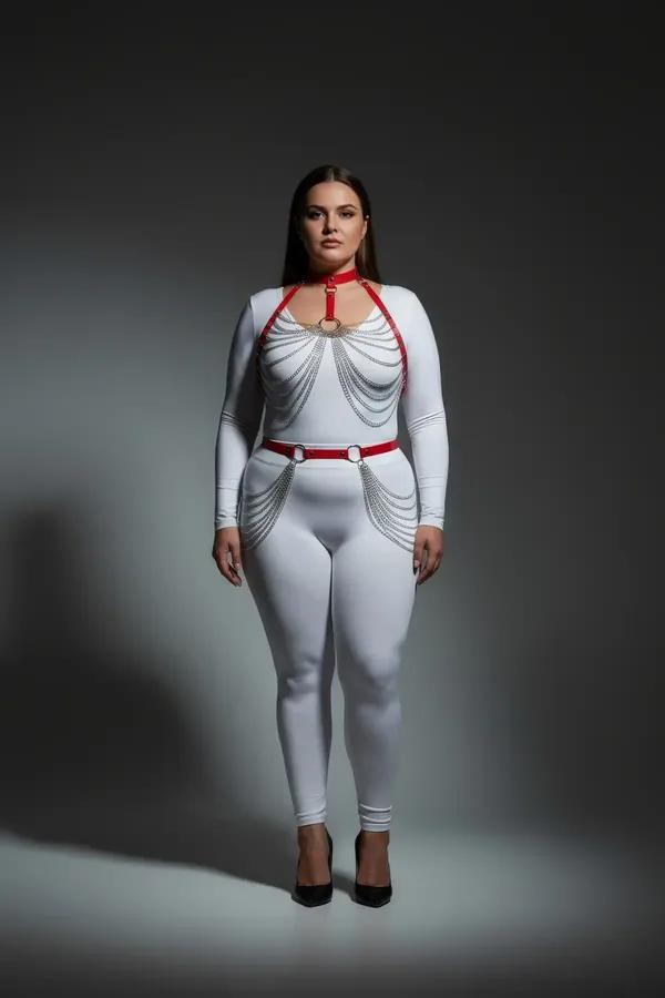 red faux leather body harness with cascading silver-tone draped chains across chest and waist, front view on plus-size model