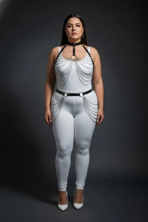 black faux leather harness set with cascading silver chain drape over chest and hip waist belt, plus-size model, full front v