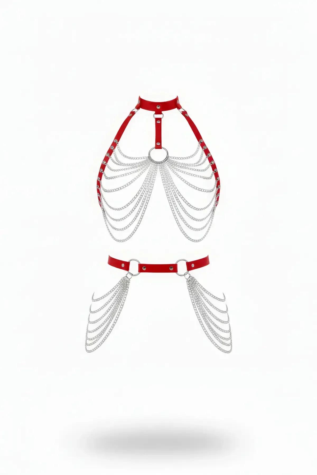 Red faux leather chest and waist chain harness set with draped silver multi-row chains and O-rings