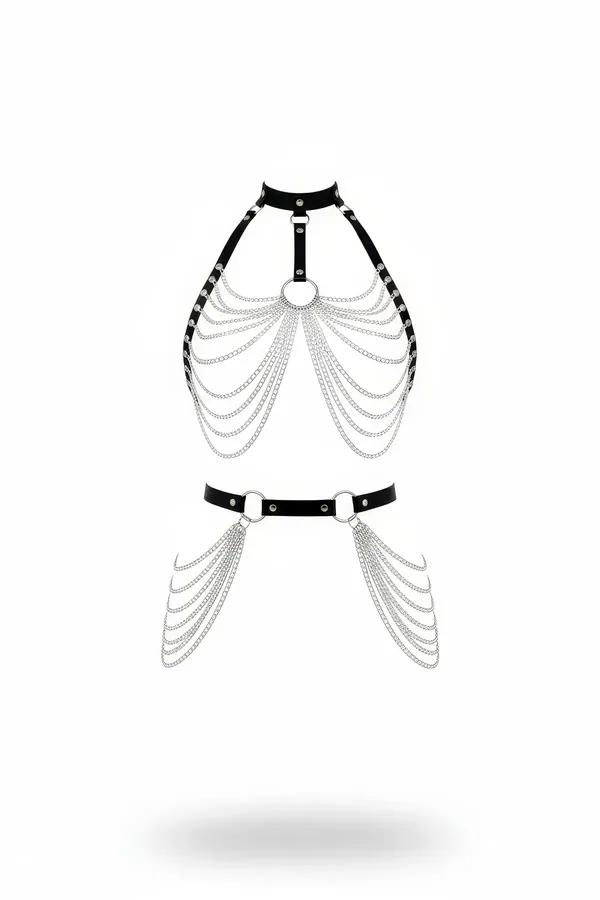 black faux leather halter neck body harness with cascading silver chain drape and matching waist belt two-piece set