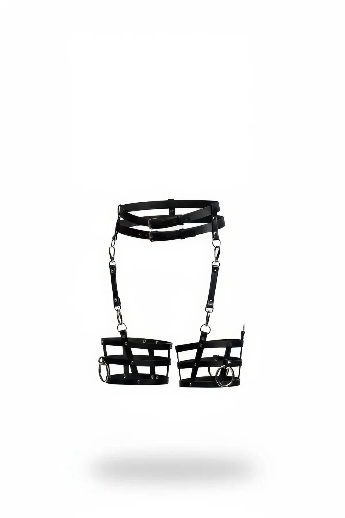 black faux leather waist harness with caged thigh cuffs silver O-rings and chain suspenders front view