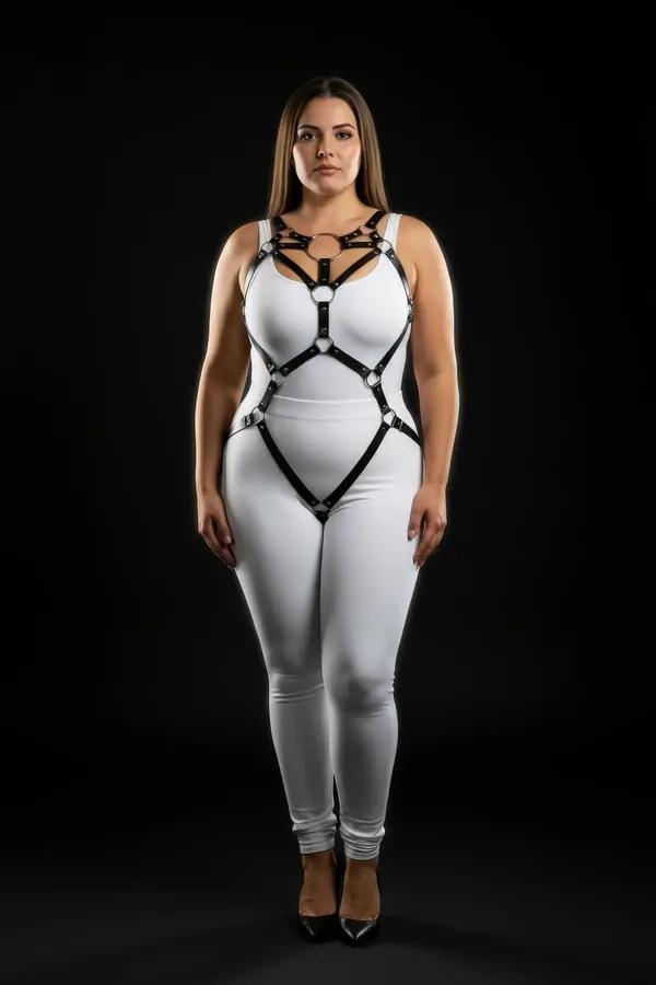Büyük beden siyah vegan deri harness body halka detaylı, omuzdan kalçaya uzanan kayış yapısı gümüş tonu O-halka