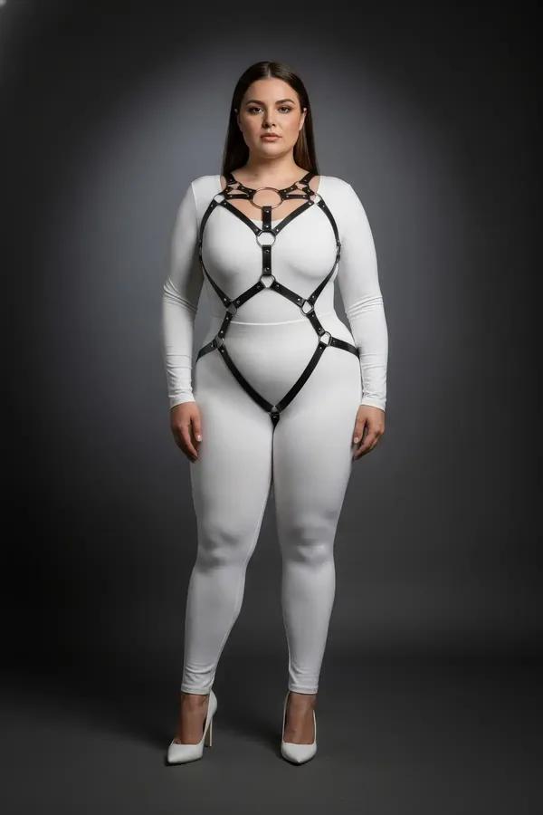 Büyük beden siyah vegan deri harness body halka detaylı, omuzdan kalçaya uzanan kayış yapısı gümüş tonu O-halka