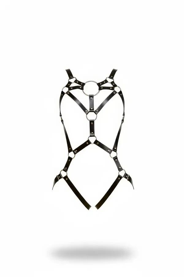 Black faux leather adjustable o-ring body harness with six silver rings and multi-strap full-body coverage