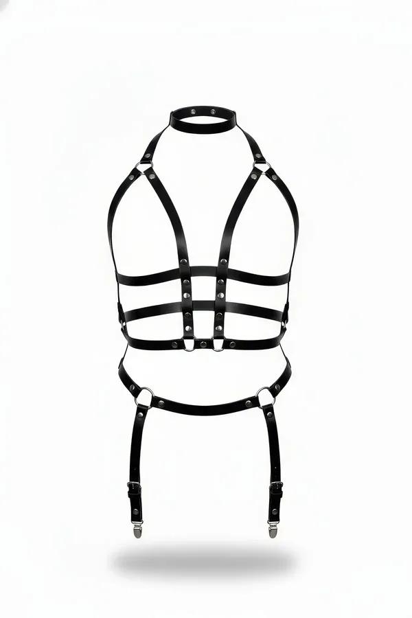 Siyah vegan deri harness takım yüksek yaka choker gümüş metal perçin jartiyerli ön görünüm