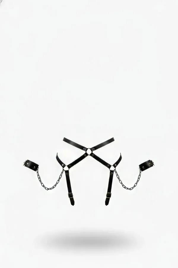 black faux leather chest harness cross-front design with detachable silver link-chain handcuff cuffs