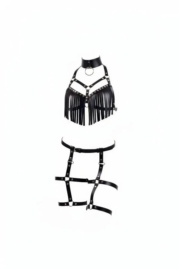 black faux leather fringed harness set with studded choker bra top silver O-ring and adjustable thigh cage straps