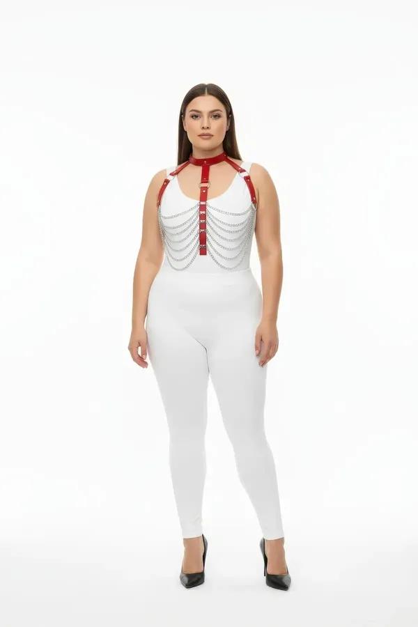 red faux leather body harness with cascading silver chain rows and adjustable choker collar on plus size model
