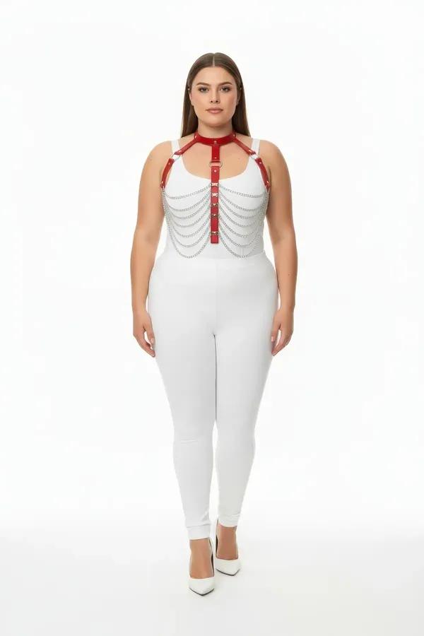 red faux leather body harness with cascading silver chain rows and adjustable choker collar on plus size model