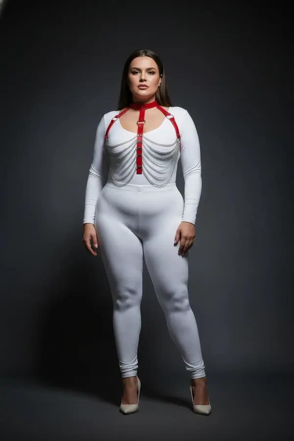 red faux leather body harness with cascading silver chain rows and adjustable choker collar on plus size model