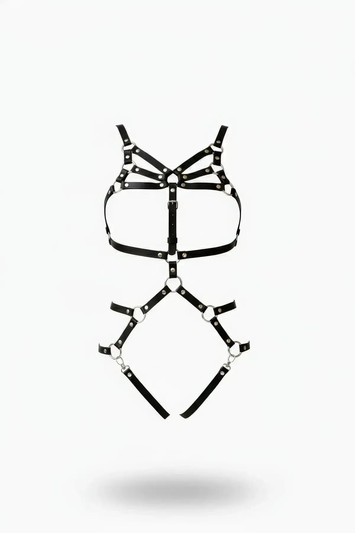 Siyah faux leather body harness geometrik desenli gümüş metal halkalı tam vücut aksesuar