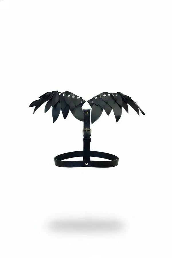 black faux leather winged chest harness with silver stud-edged feather-cut wing panels and center buckle