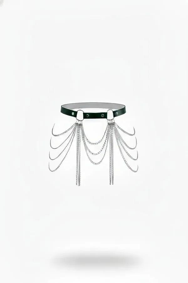 dark green faux leather waist harness with cascading multi-strand silver chain drape fringe