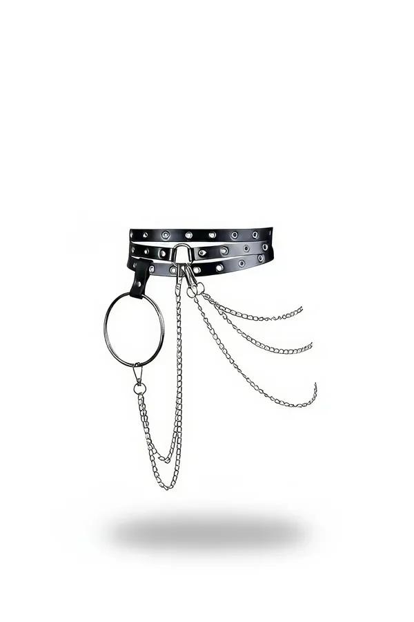 black faux leather triple-strap waist harness with silver O-ring and cascading chain drape detail