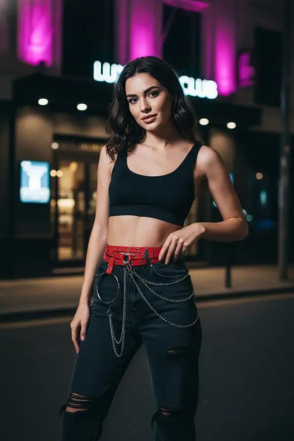 red faux leather grommet belt with detachable silver chains and O-ring worn over high-waisted jeans