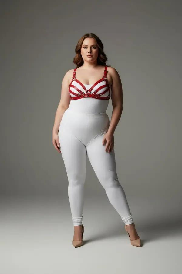 büyük beden kırmızı vegan deri kafes sütyen harness gümüş O-halka detayı plus-size model üzerinde