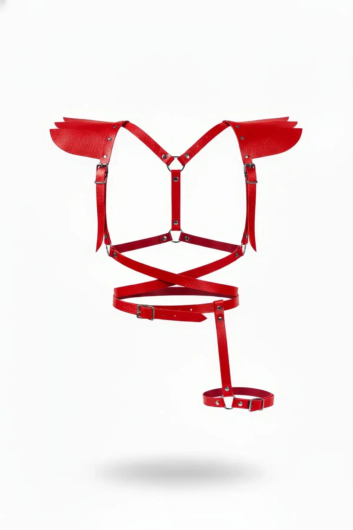 red faux leather full body harness with sculpted shoulder pads, crossover chest straps, and single thigh garter loop, silver-