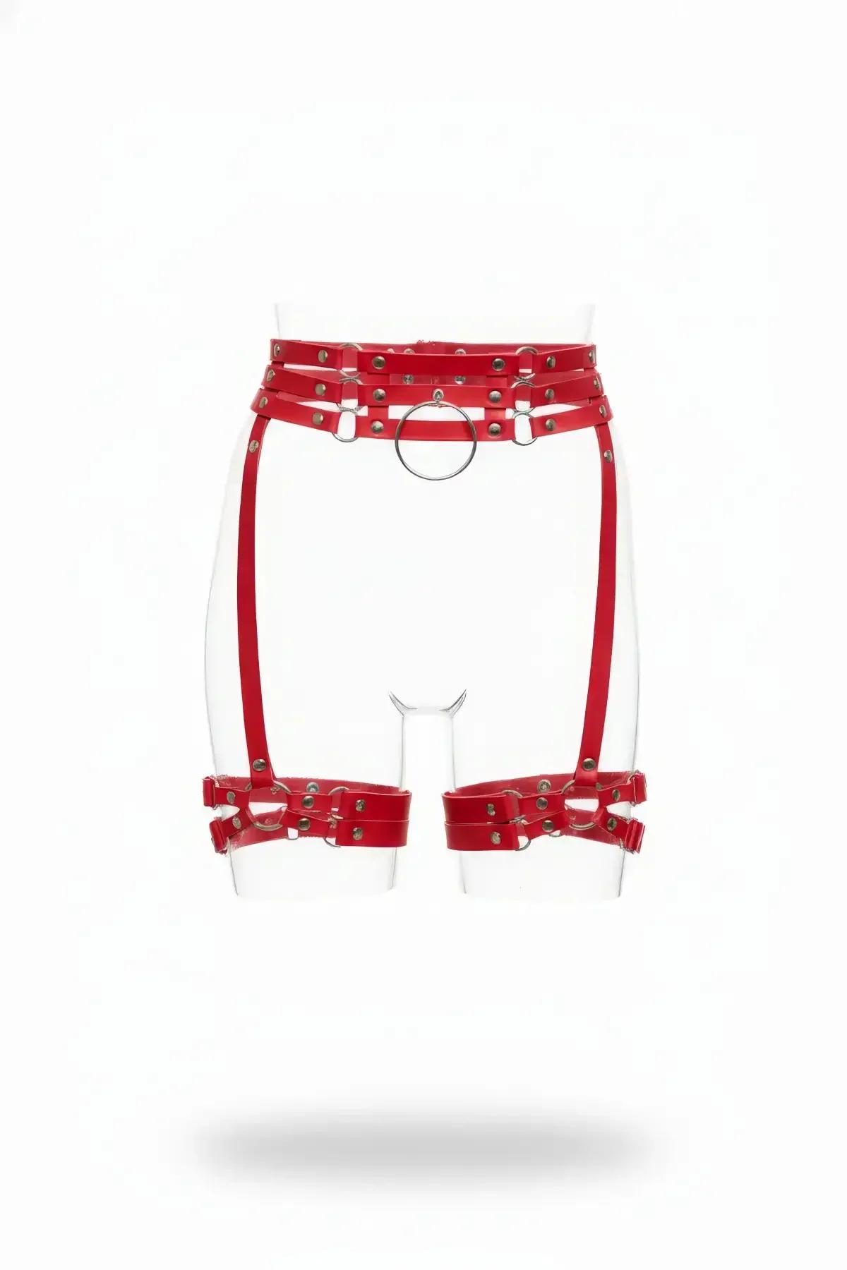 red faux leather triple-strap garter harness with silver O-ring and rivet-detail thigh cuffs on mannequin