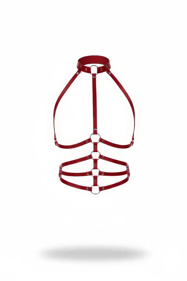 Red vegan leather caged torso body harness with high-neck collar band and silver O-rings on white background