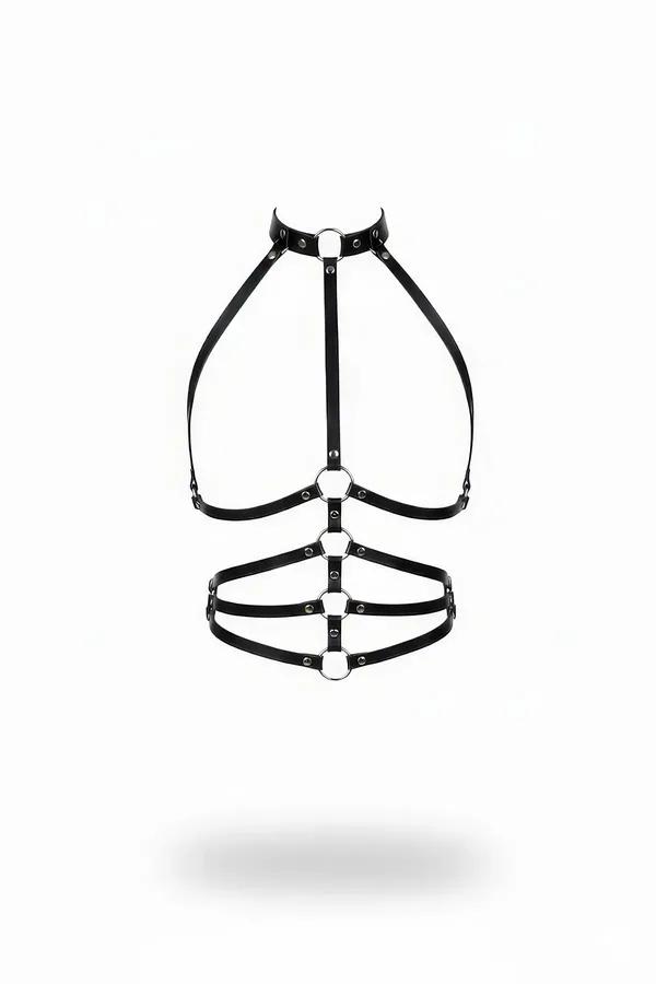 Black faux leather caged o-ring body harness with choker neck band and three stacked underbust straps, silver hardware