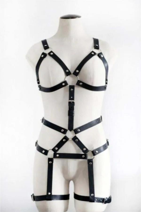 siyah vegan deri tam vücut harness takımı O-ring göğüs bel uyluk bantlı gümüş toka