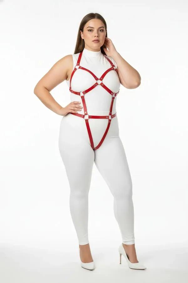 kırmızı vegan deri full body harness büyük beden altın toka çapraz bant takım