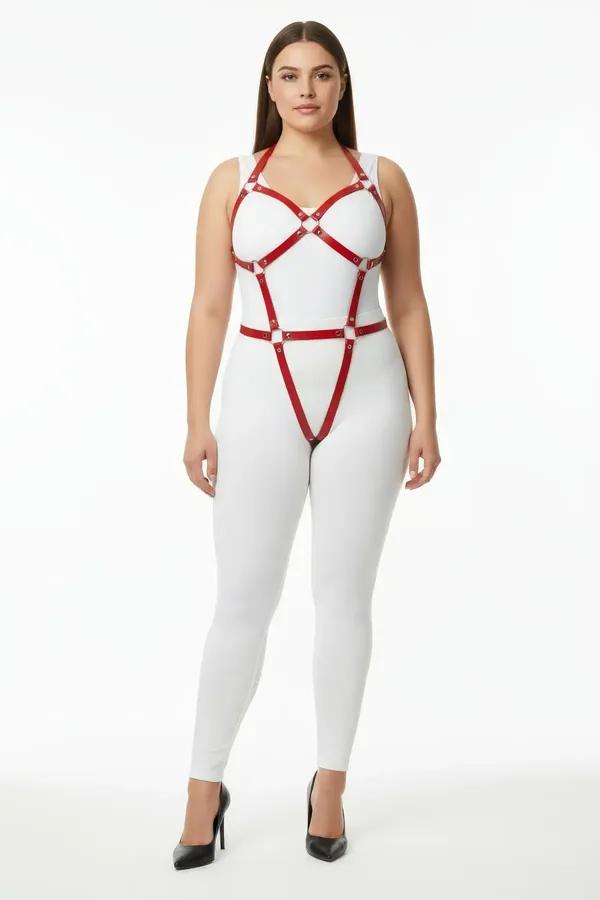 red vegan leather full body harness with gold O-ring detail and X-cross chest cage on plus-size model