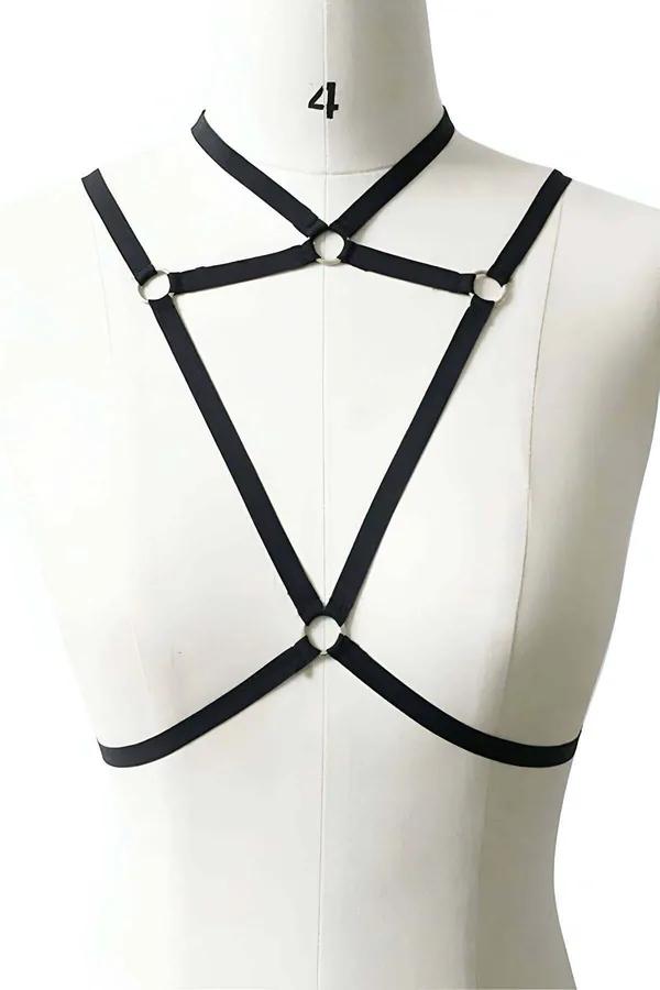 siyah elastik göğüs harness gümüş O-halkalı choker yaka bandı geometrik bant yapısı