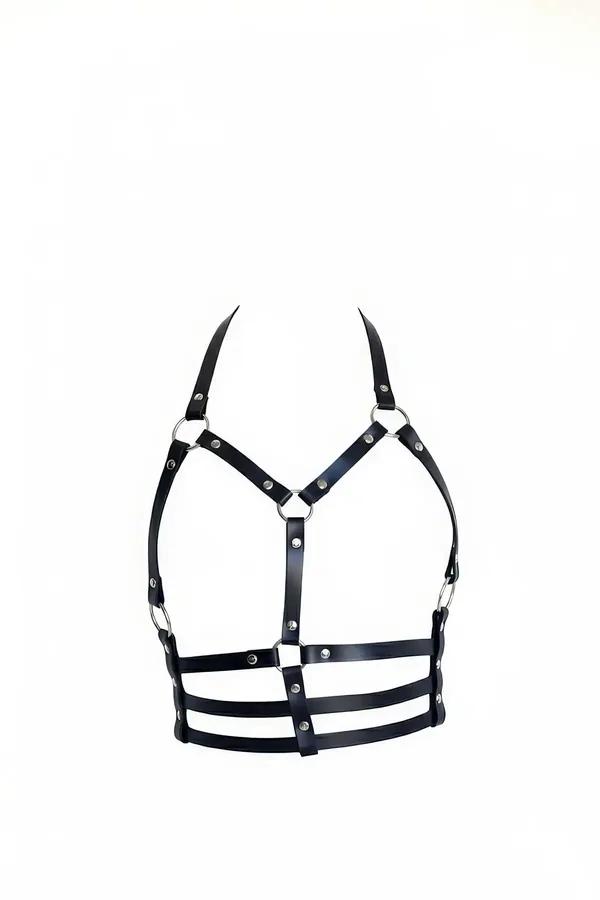siyah suni deri vücut harness gümüş O-ring ve zincir detaylı omuz kayışlı aksesuar