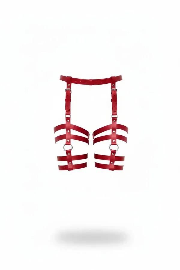 red vegan leather caged chest harness with two silver O-rings and adjustable shoulder buckle straps