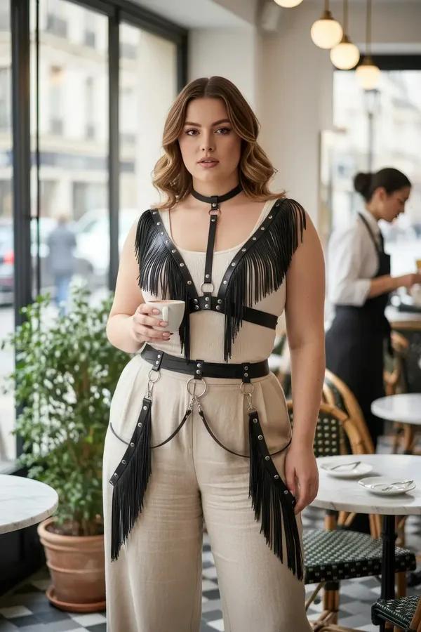 black faux leather fringed body harness with silver studs, attached choker, and hip chains worn over cream trousers
