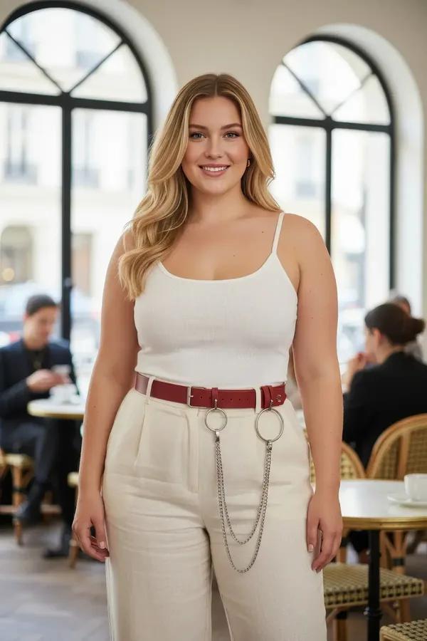claret red faux leather belt with double silver O-rings and draped chain worn over white wide-leg trousers