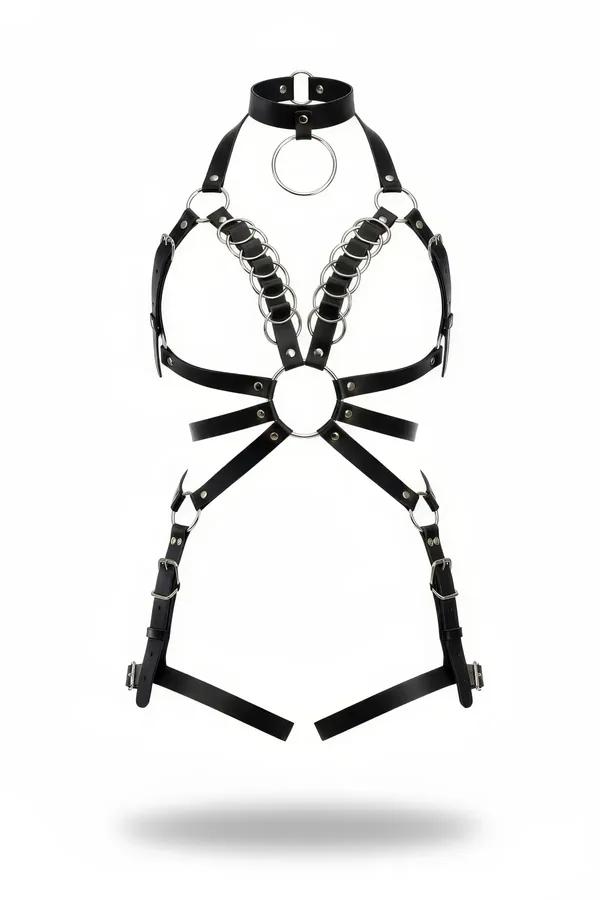 Black faux leather full body harness with halter collar, cascading silver O-ring chest chains, central waist ring, and adjust