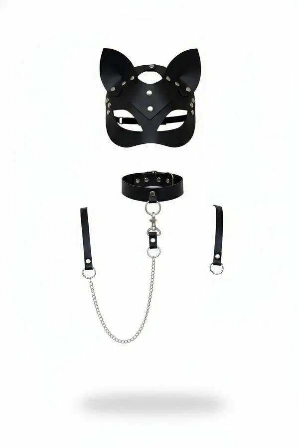 black vegan leather cat mask harness collar and wrist cuffs set with detachable silver chain