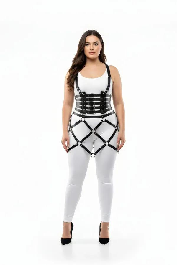 black faux leather corset body harness set with geometric diamond cage skirt and silver O-rings worn over white outfit