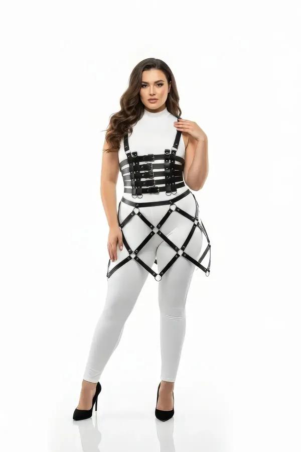 black faux leather corset body harness set with geometric diamond cage skirt and silver O-rings worn over white outfit