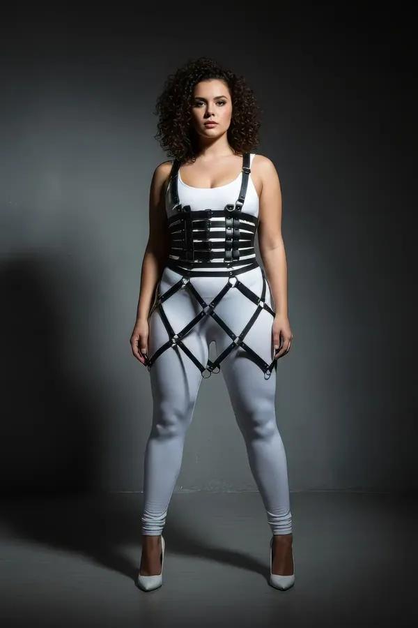 black faux leather corset body harness set with geometric diamond cage skirt and silver O-rings worn over white outfit