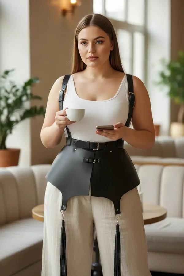 black faux leather peplum waist harness with detachable tassel garters and silver buckles worn over white tank top