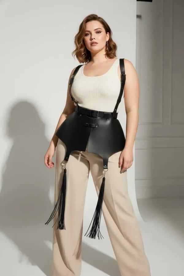 black faux leather peplum waist harness with detachable tassel garters and silver buckles worn over white tank top