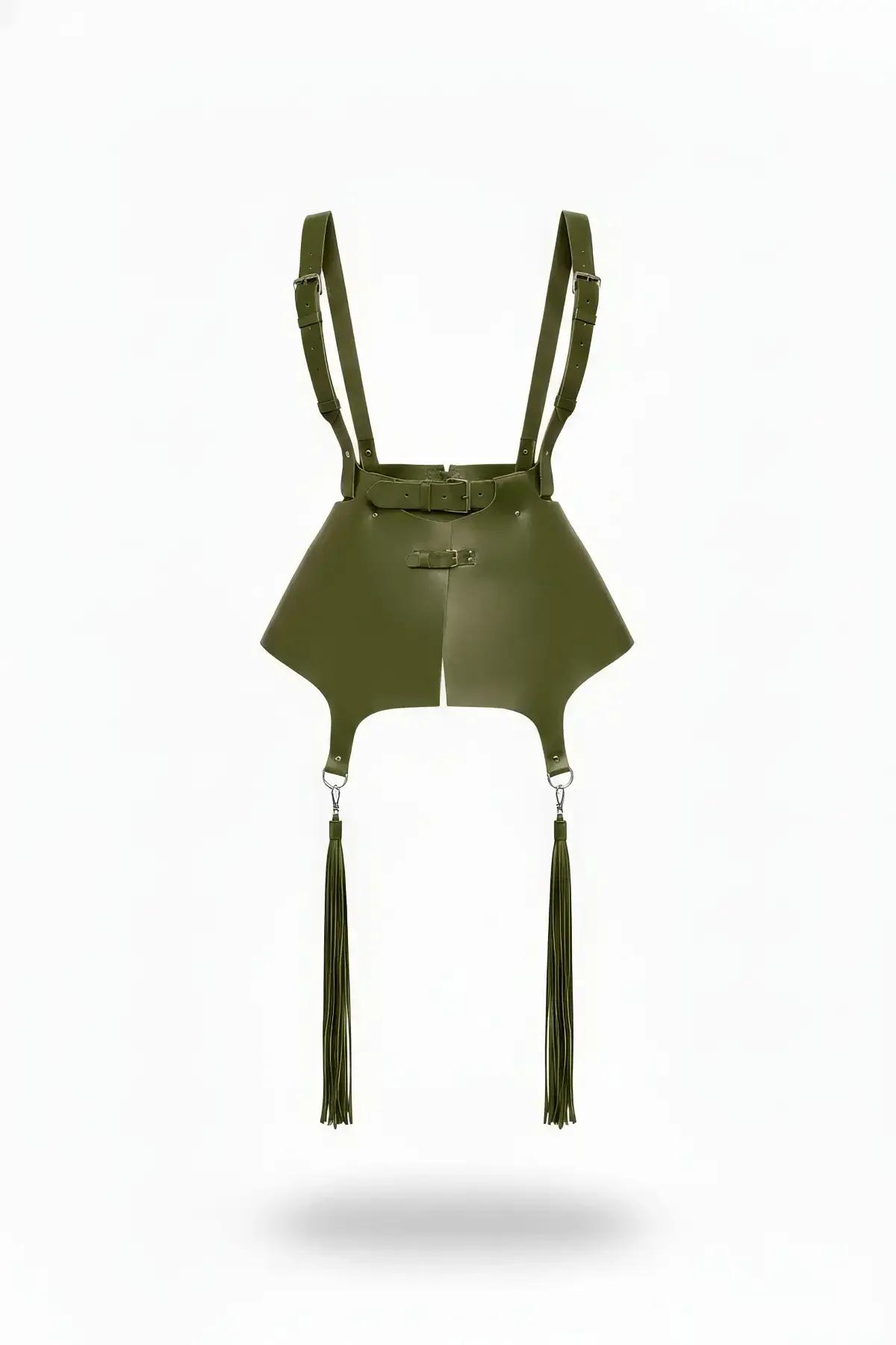 khaki faux leather skirt harness with adjustable shoulder straps and dangling tassels, silver buckle hardware, matte olive fi