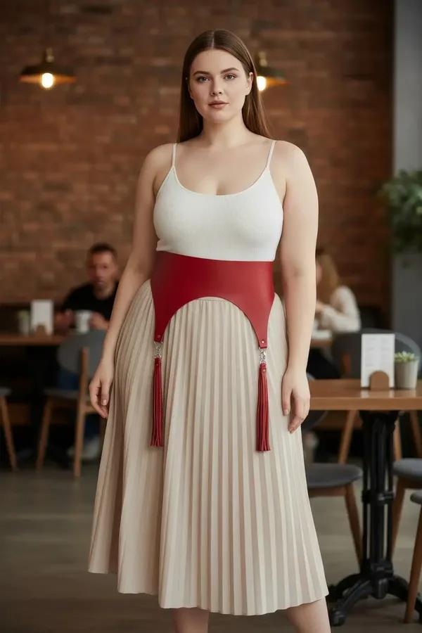 red vegan leather waist harness wide panel curved hem with two detachable red tassels silver connector rings