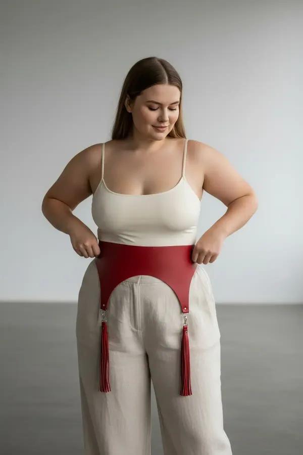 red vegan leather waist harness wide panel curved hem with two detachable red tassels silver connector rings