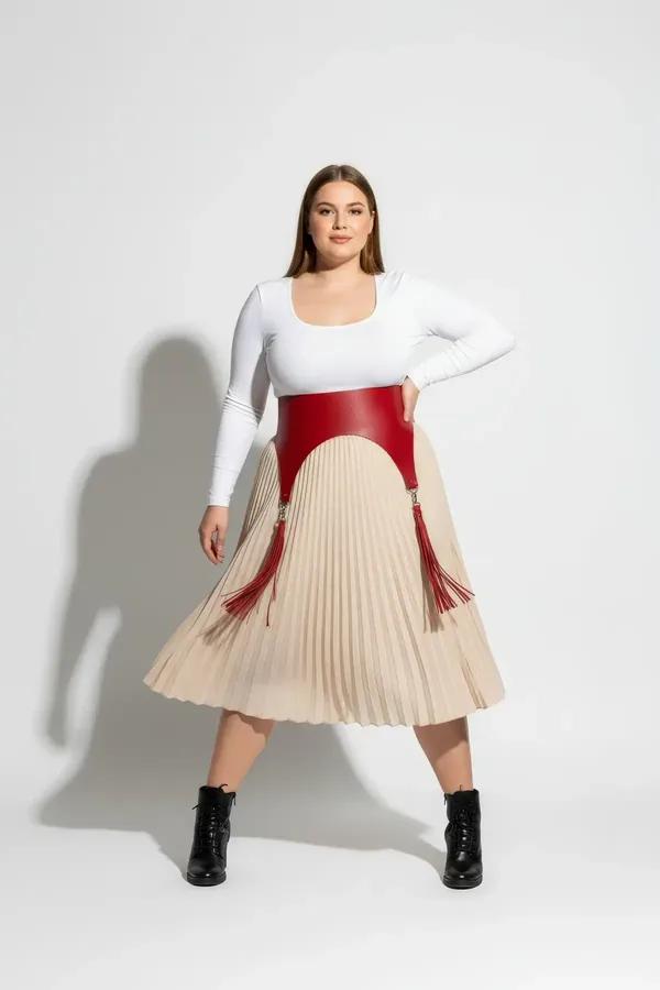 red vegan leather waist harness wide panel curved hem with two detachable red tassels silver connector rings