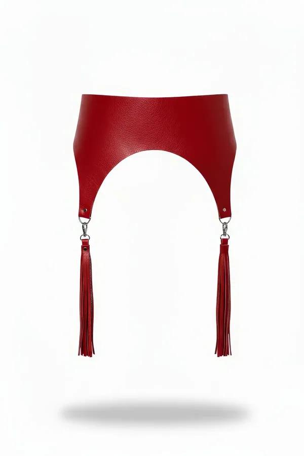 red faux leather wide waist harness with two detachable tassels and silver lobster clasps, front view