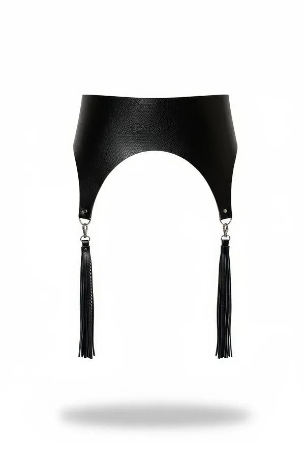 black faux leather broad waist cinch with detachable tassels and silver swivel clip hardware front view