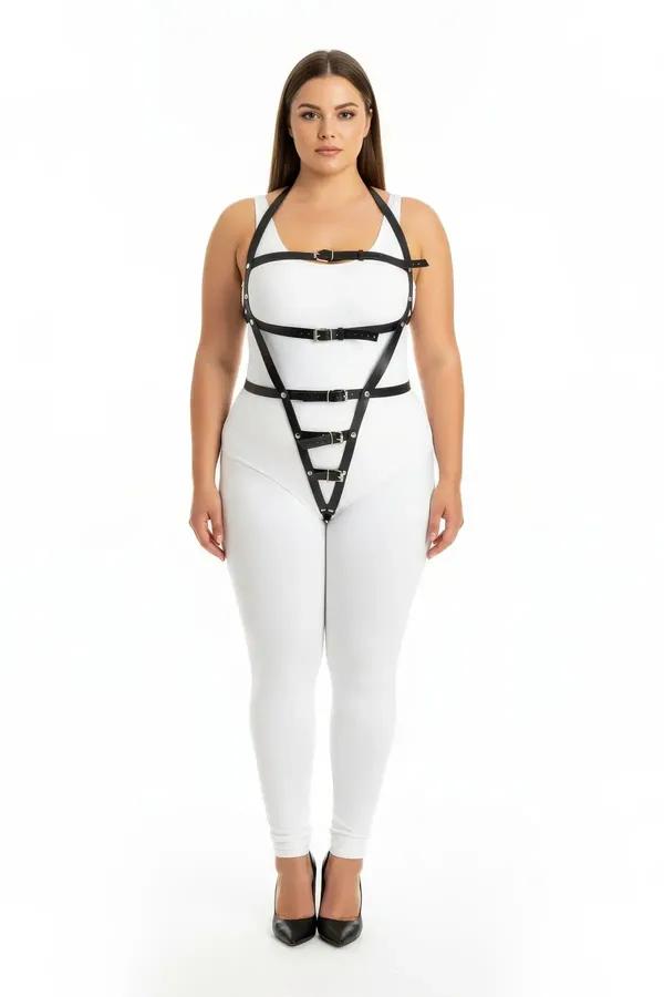 black vegan leather full body harness with inverted V-strap triangle design and silver buckles worn by plus-size model