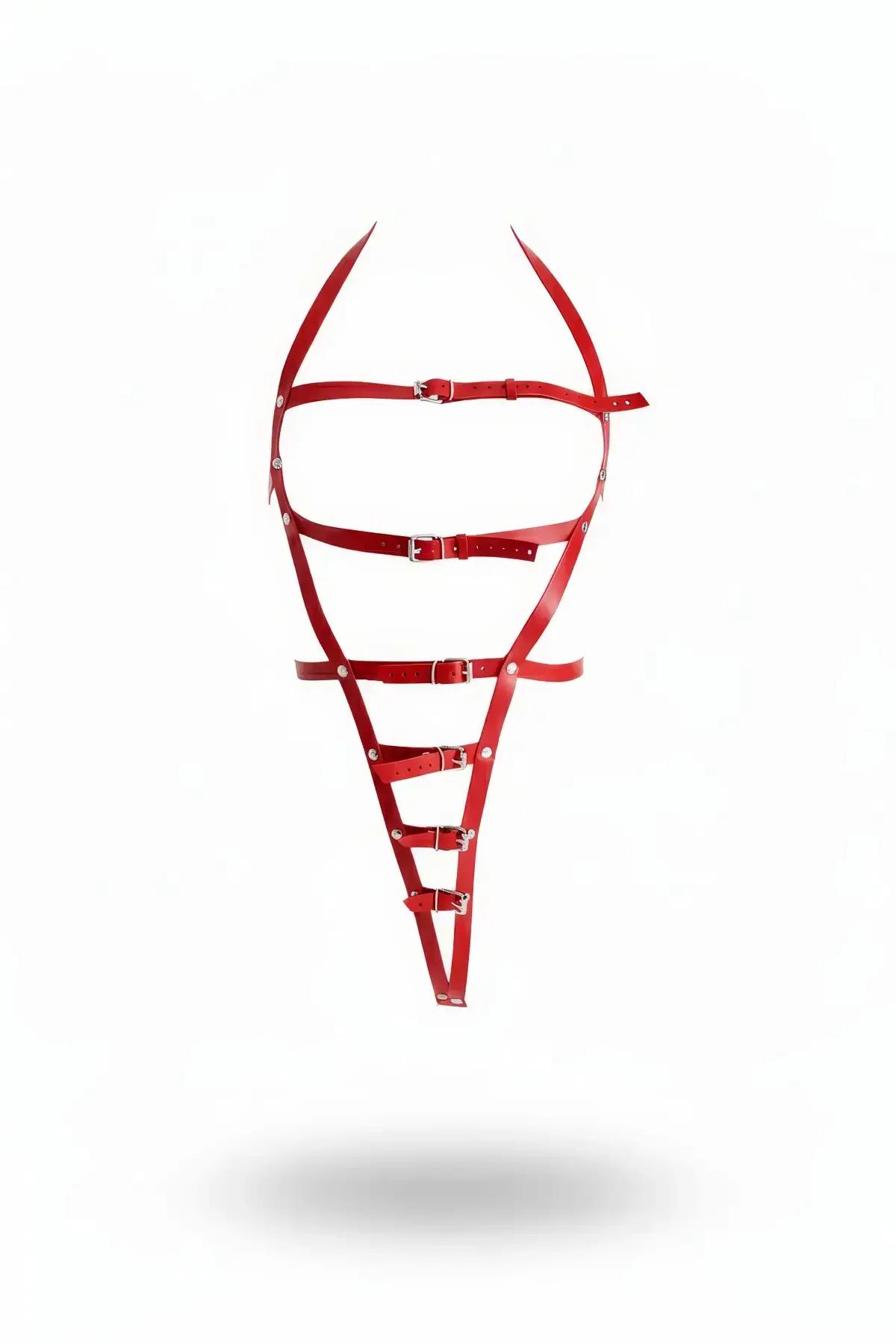 kırmızı faux leather göğüs harness çoklu gümüş tokalı merdiven desenli dar bantlar S-XL